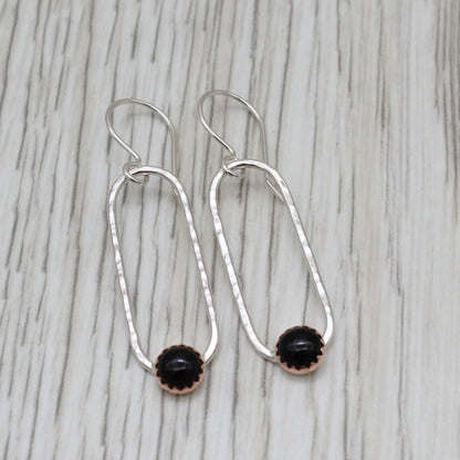 Onyx, Copper and Silver Dangle Earrings
