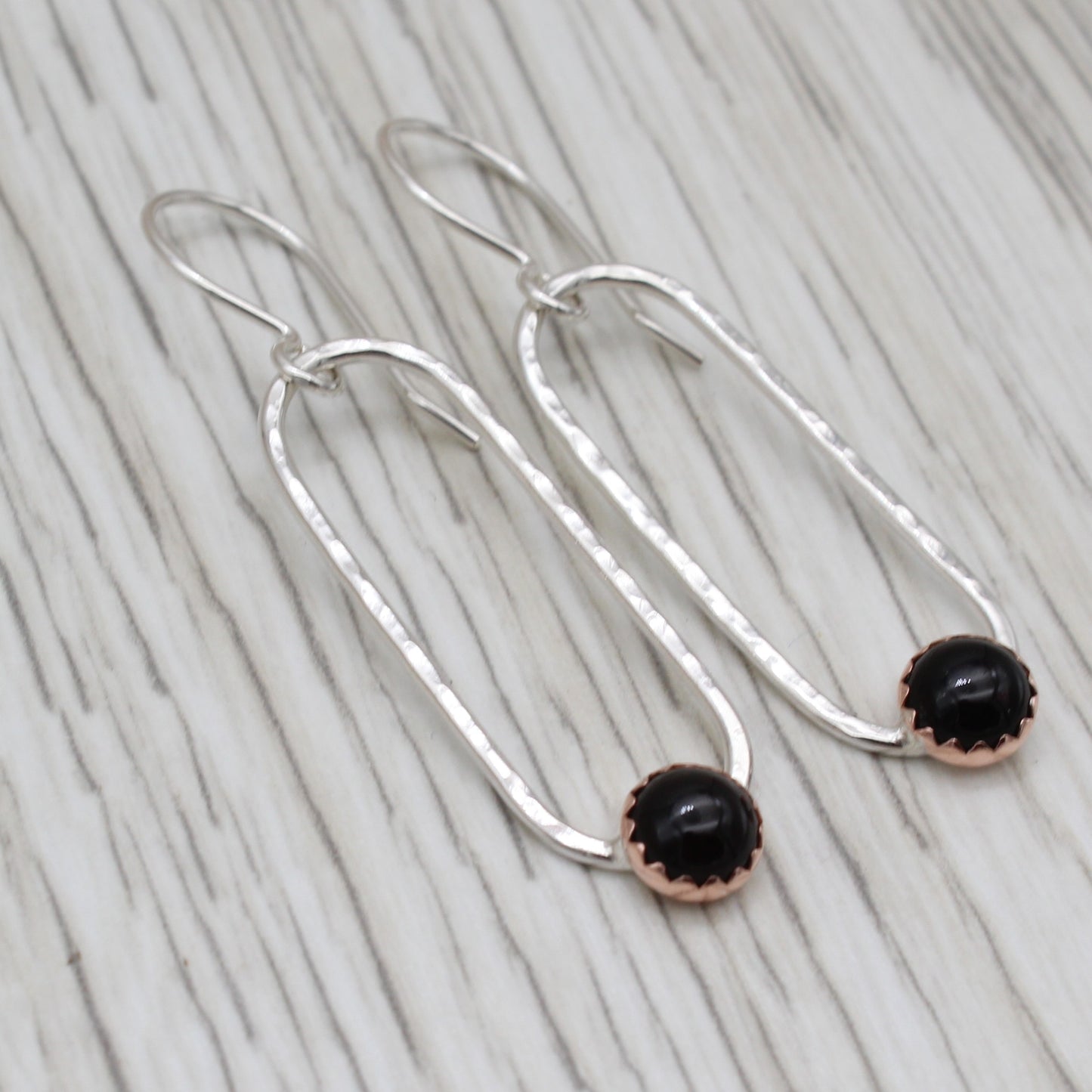 Onyx, Copper and Silver Dangle Earrings