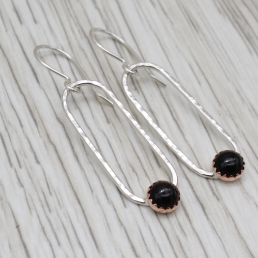 Onyx, Copper and Silver Dangle Earrings