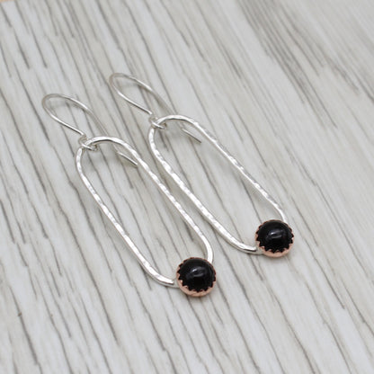 Onyx, Copper and Silver Dangle Earrings