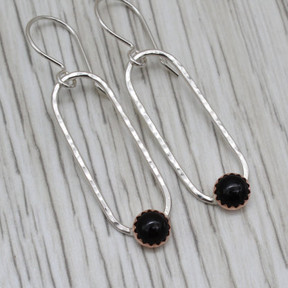 Onyx, Copper and Silver Dangle Earrings