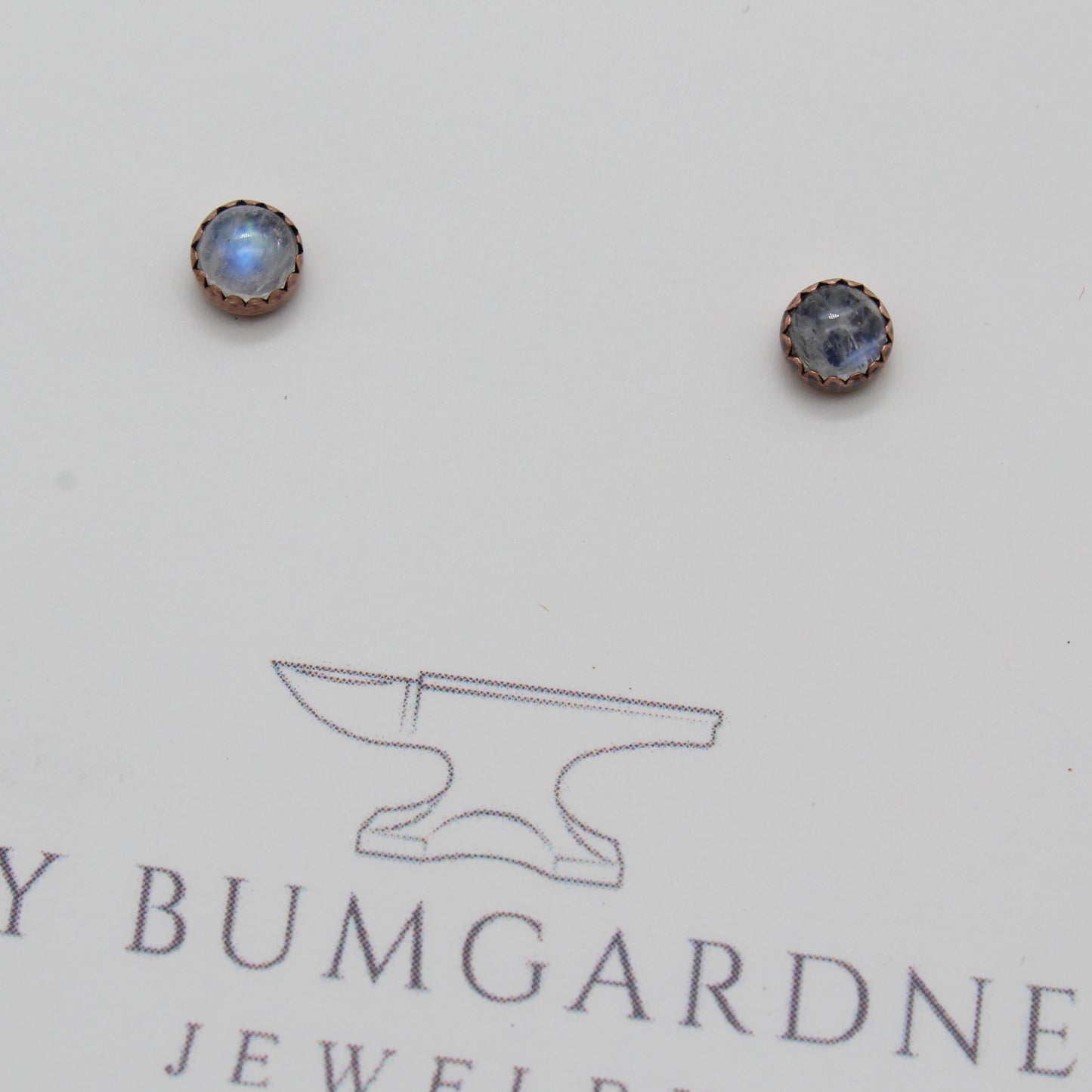 Rainbow Moonstone Stud Earrings with Serrated Copper Setting