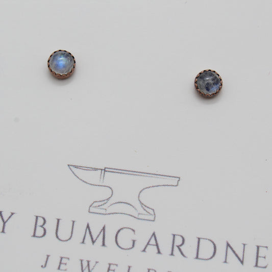 Rainbow Moonstone Stud Earrings with Serrated Copper Setting