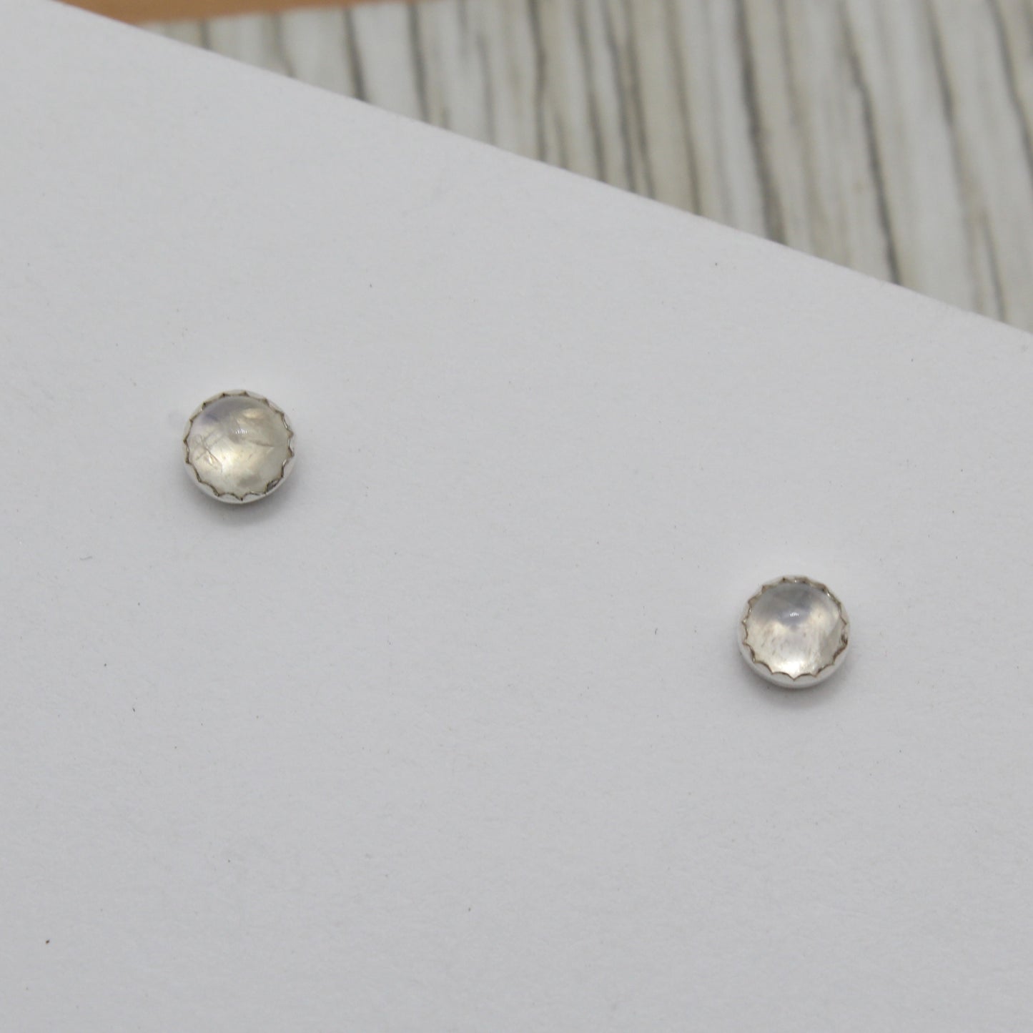 Rainbow Moonstone Stud Earrings with Serrated Setting
