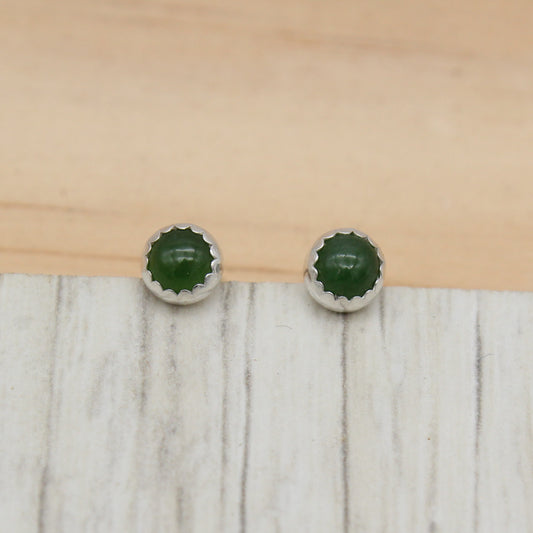 Nephrite Jade Stud Earrings with Serrated Setting