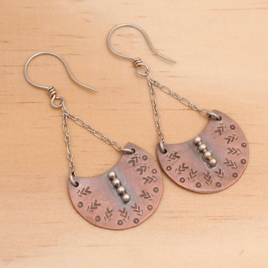 Boho Copper Earrings with Silver Hooks