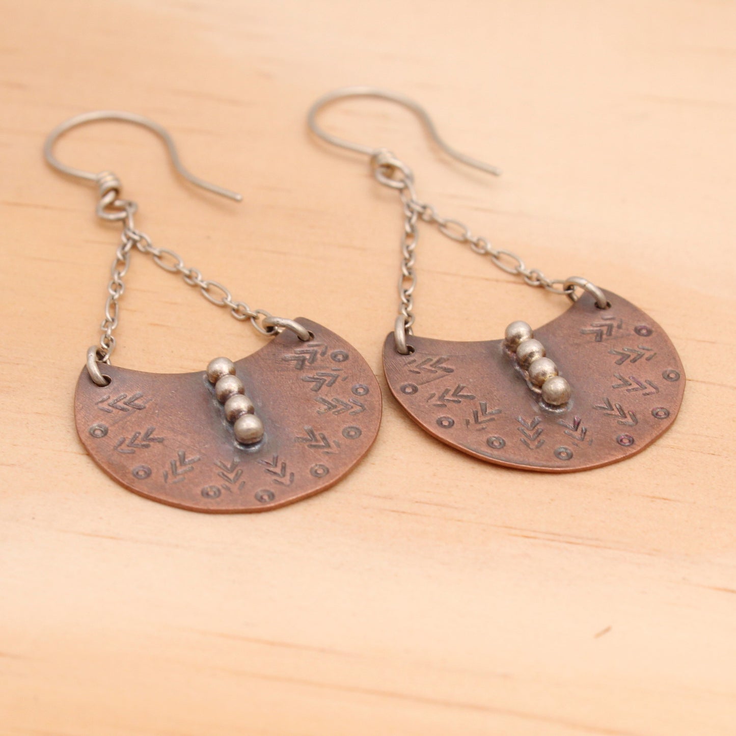 Boho Copper Earrings with Silver Hooks