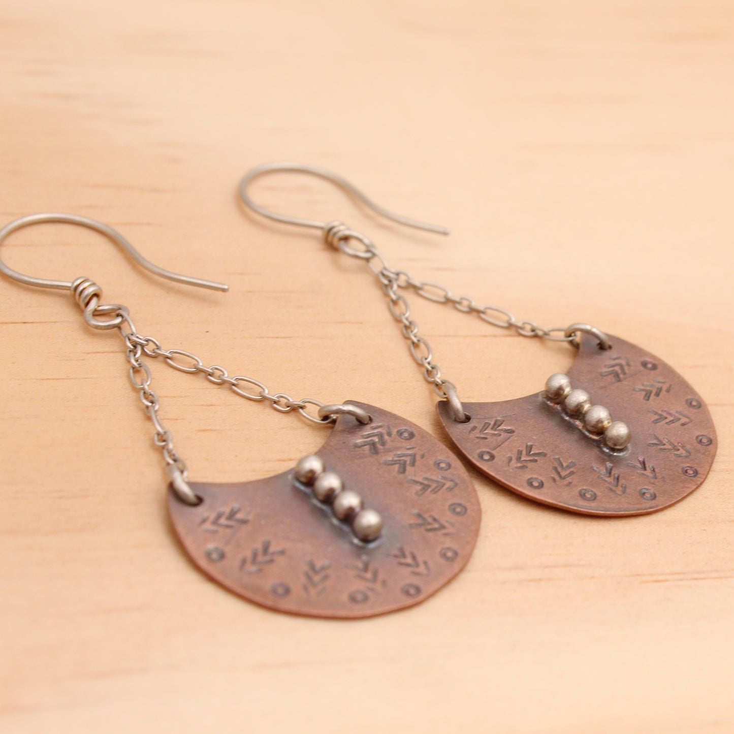 Boho Copper Earrings with Silver Hooks