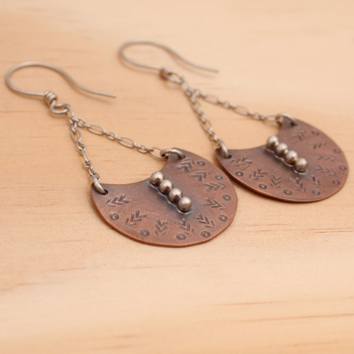 Boho Copper Earrings with Silver Hooks