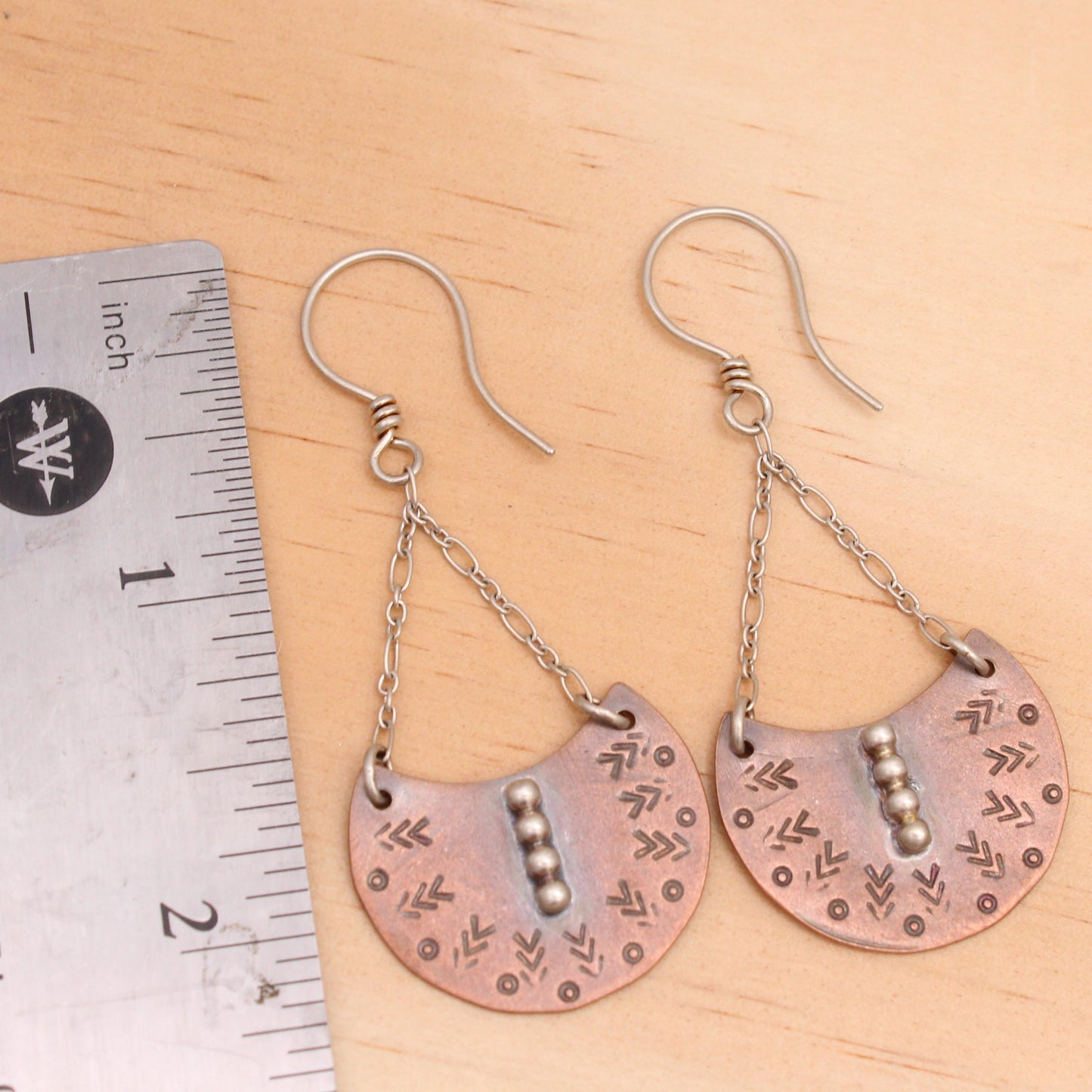 Boho Copper Earrings with Silver Hooks