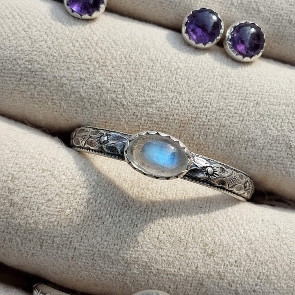 Size 7.5 Rainbow Moonstone and Floral Sterling Silver Ring