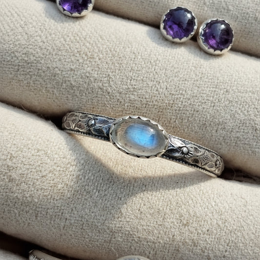 Size 7.5 Rainbow Moonstone and Floral Sterling Silver Ring