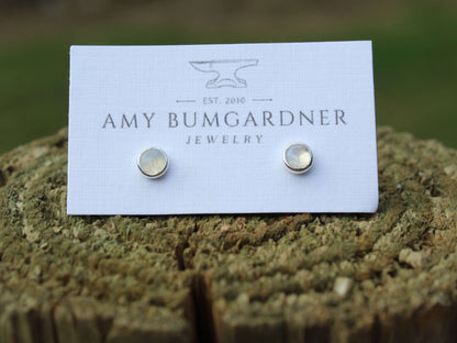 Rainbow Moonstone Stud Earrings with Smooth Setting